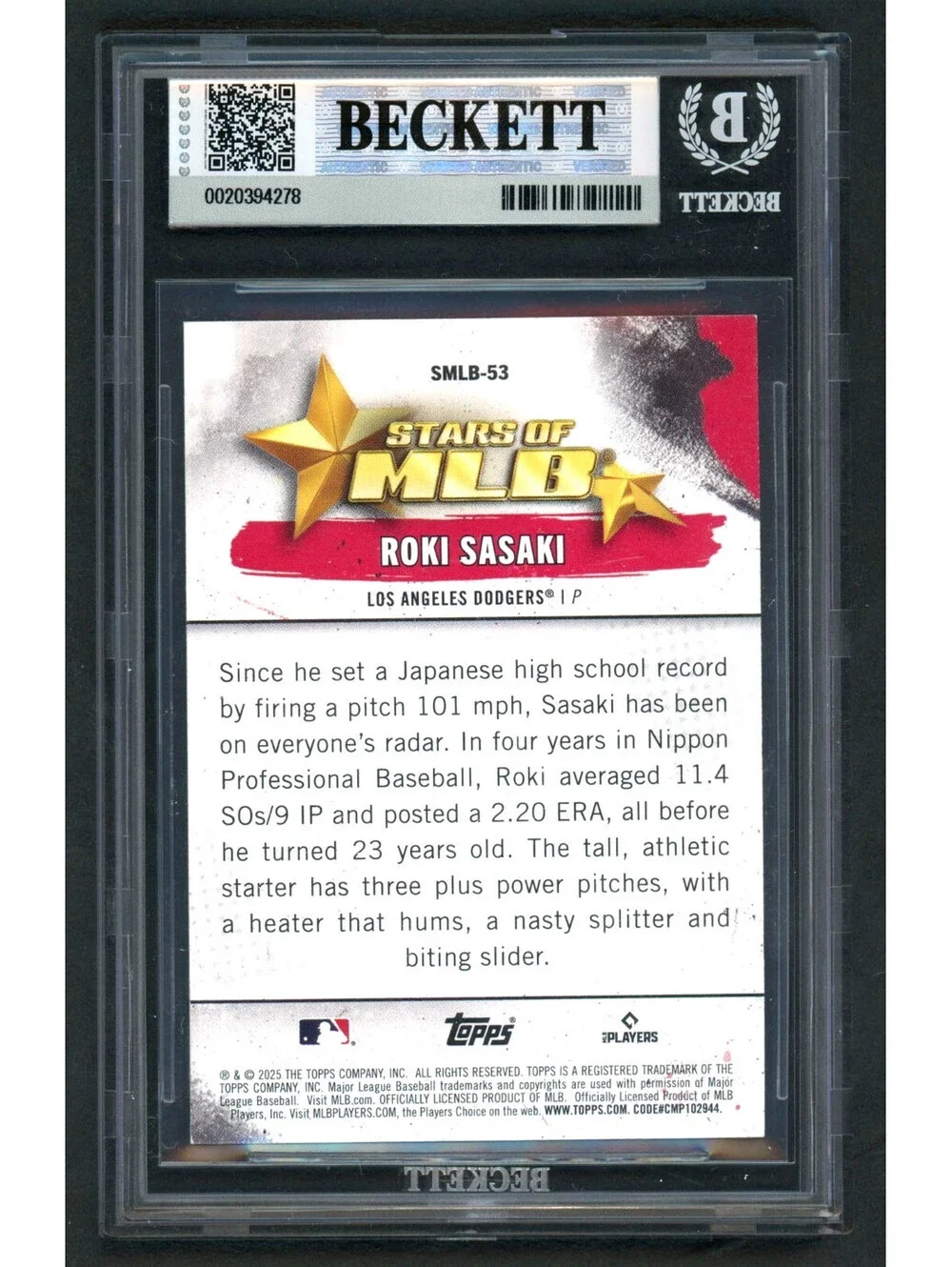 Topps 2025 S2 Stars of MLB Roki Sasaki Rookie #SMLB-53 (RC) BGS 8 NM-MT